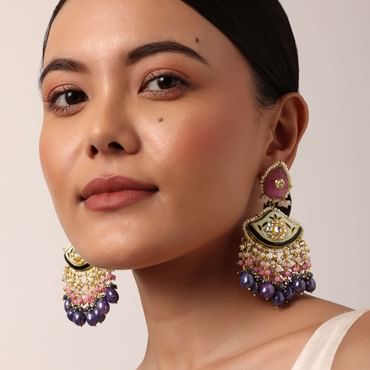 Violet Kundan Danglers With Tiered Multicolor Bead Drops