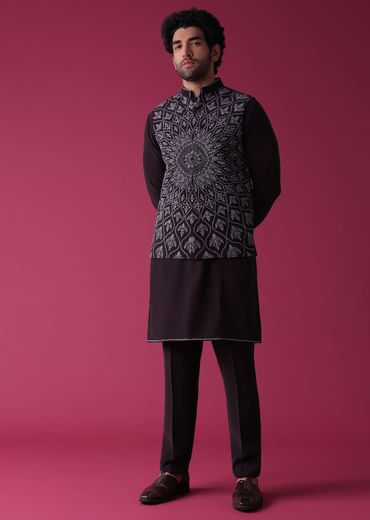 Violet Purple Jacket Kurta Set In Silk With Threadwork