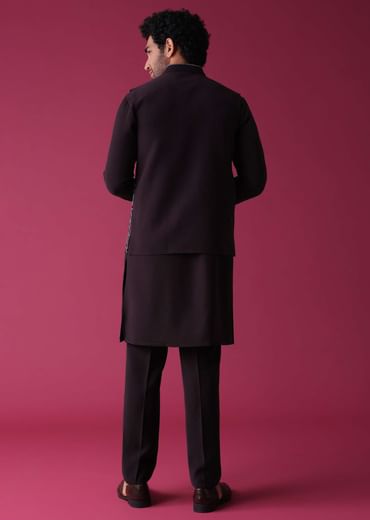 Violet Purple Jacket Kurta Set In Silk With Threadwork