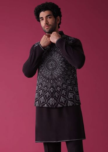 Violet Purple Jacket Kurta Set In Silk With Threadwork