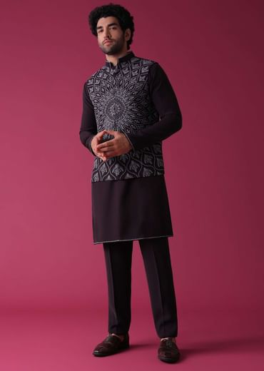 Violet Purple Jacket Kurta Set In Silk With Threadwork