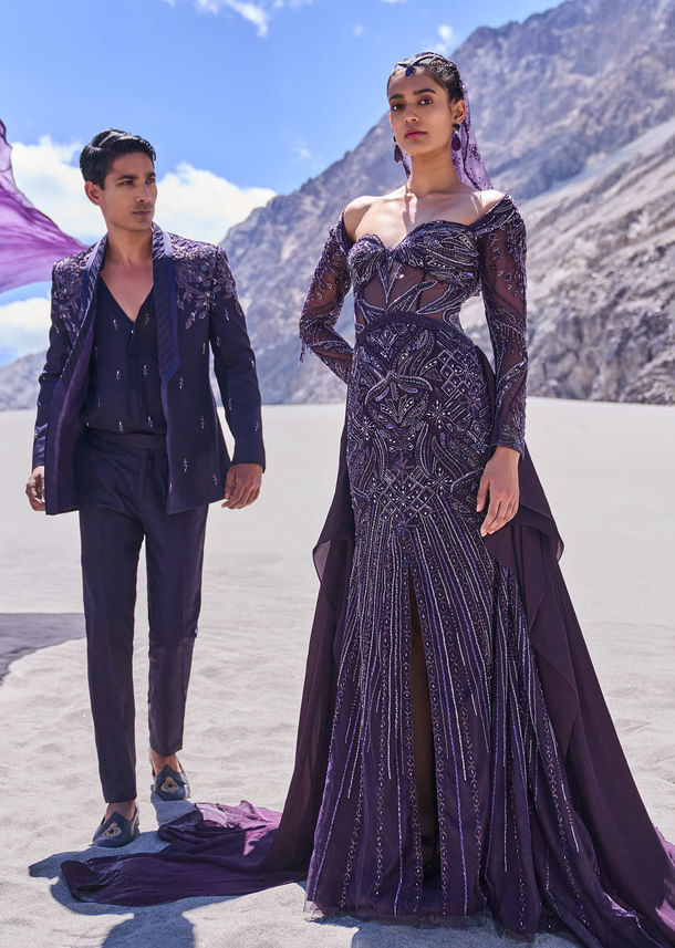 Violet Royal Hand Embroidered Tussar Tuxedo Set