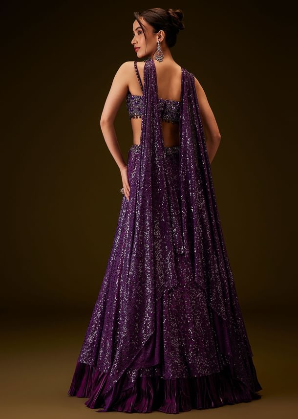 Violet Sequin Lehenga Set With Hand Embroidered Choker Dupatta Violet Sequin Lehenga Set With Hand Embroidered Choker Dupatta