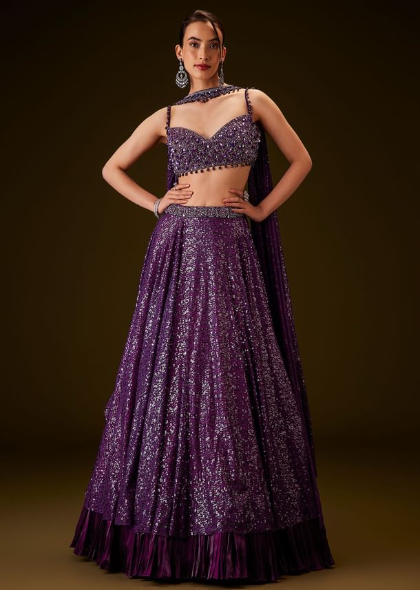 Violet Sequin Lehenga Set With Hand Embroidered Choker Dupatta Violet Sequin Lehenga Set With Hand Embroidered Choker Dupatta