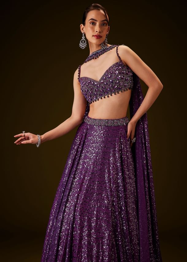 Violet Sequin Lehenga Set With Hand Embroidered Choker Dupatta Violet Sequin Lehenga Set With Hand Embroidered Choker Dupatta