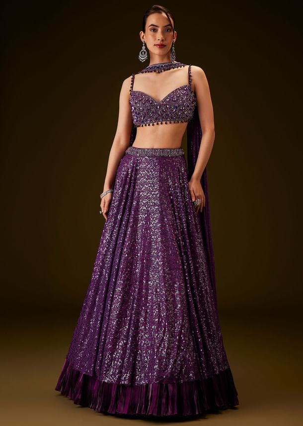 Violet Sequin Lehenga Set With Hand Embroidered Choker Dupatta Violet Sequin Lehenga Set With Hand Embroidered Choker Dupatta