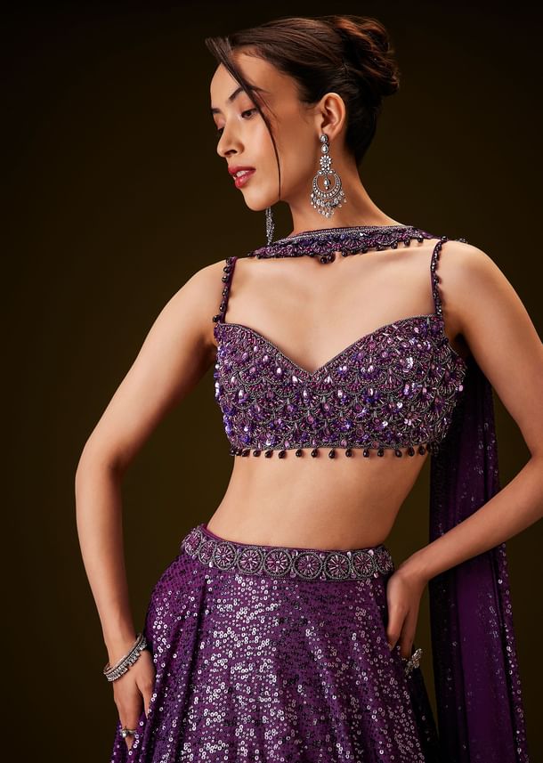 Violet Sequin Lehenga Set With Hand Embroidered Choker Dupatta Violet Sequin Lehenga Set With Hand Embroidered Choker Dupatta