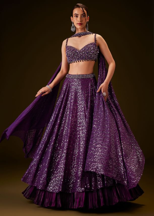 Violet Sequin Lehenga Set With Hand Embroidered Choker Dupatta Violet Sequin Lehenga Set With Hand Embroidered Choker Dupatta