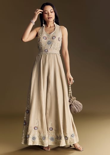 Warm Grey Indowestern Jumpsuit With Cut Dana And Sequin Embroidery