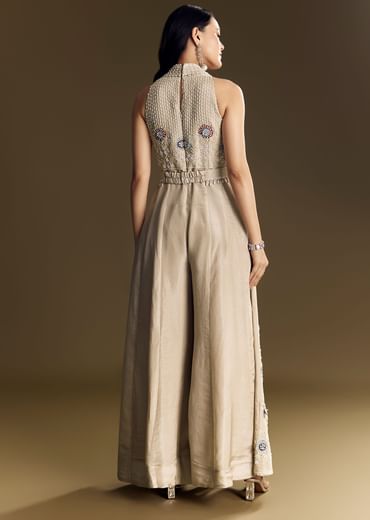 Warm Grey Indowestern Jumpsuit With Cut Dana And Sequin Embroidery