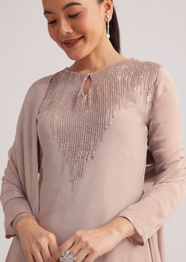 Warm Grey Sequined Chinon Sharara Set