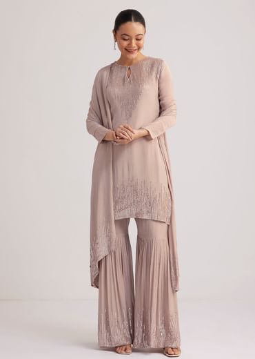 Warm Grey Sequined Chinon Sharara Set