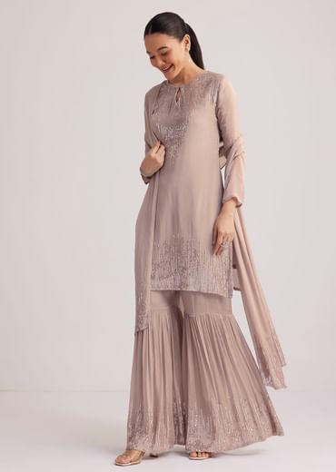 Warm Grey Sequined Chinon Sharara Set