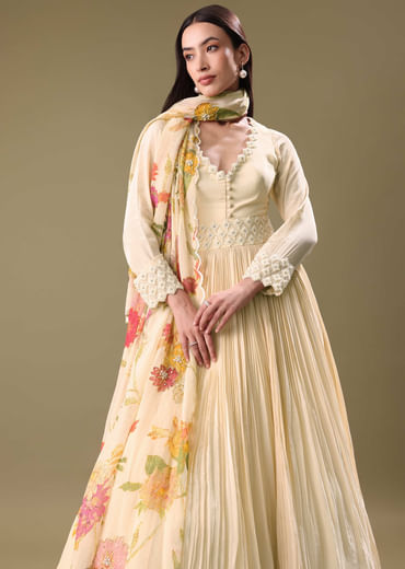 Warm Ivory Beaded Long Suit With Dupatta
