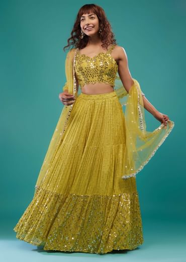 Lime Green Embroidered Lehenga Set In Chinon