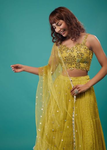 Lime Green Embroidered Lehenga Set In Chinon
