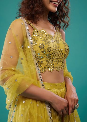 Lime Green Embroidered Lehenga Set In Chinon