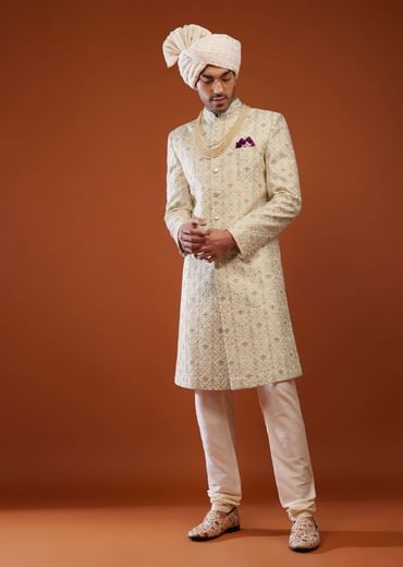 Beige White Embroidered Sherwani Set In Tussar Silk
