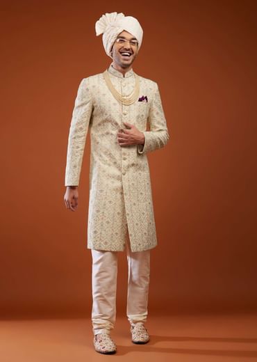 Beige White Embroidered Sherwani Set In Tussar Silk