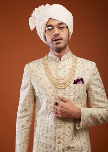 Beige White Embroidered Sherwani Set In Tussar Silk