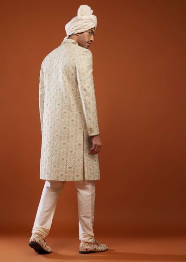 Beige White Embroidered Sherwani Set In Tussar Silk