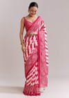 White And Pink Silk Saree With Lehariya And Bandhani Print