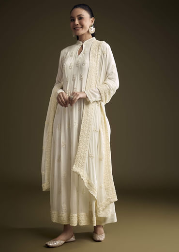 White Chinon Anarkali Suit With Heavy Hand Embroidery