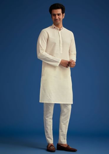 White Cotton Kurta Set With Embroidered Pocket And Collar