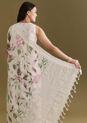 White Cotton Linen Saree With Pink Rose Prints