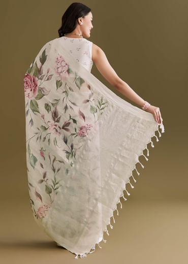 White Cotton Linen Saree With Pink Rose Prints