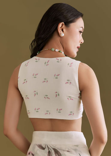 White Cotton Linen Saree With Pink Rose Prints