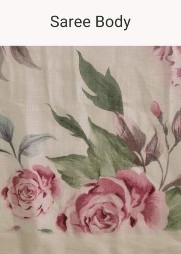 White Cotton Linen Saree With Pink Rose Prints