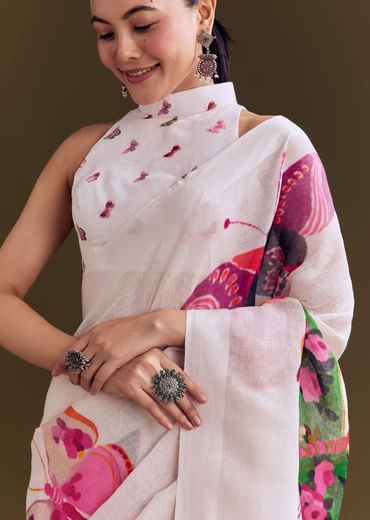 White Cotton Linen Saree With Watercolor Florals
