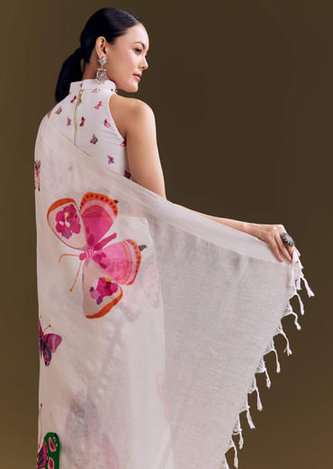 White Cotton Linen Saree With Watercolor Florals