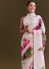 White Cotton Linen Saree With Watercolor Florals