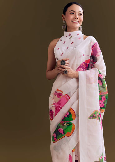 White Cotton Linen Saree With Watercolor Florals