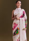 White Cotton Linen Saree With Watercolor Florals
