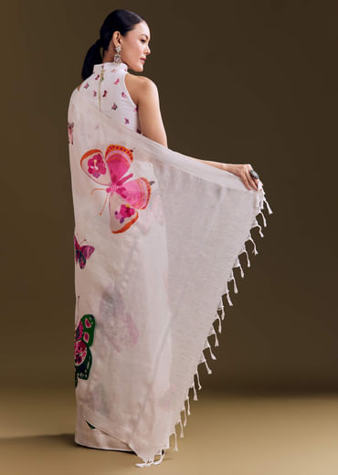 White Cotton Linen Saree With Watercolor Florals