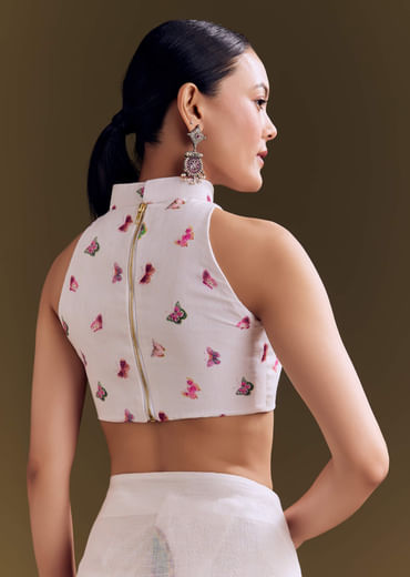 White Cotton Linen Saree With Watercolor Florals