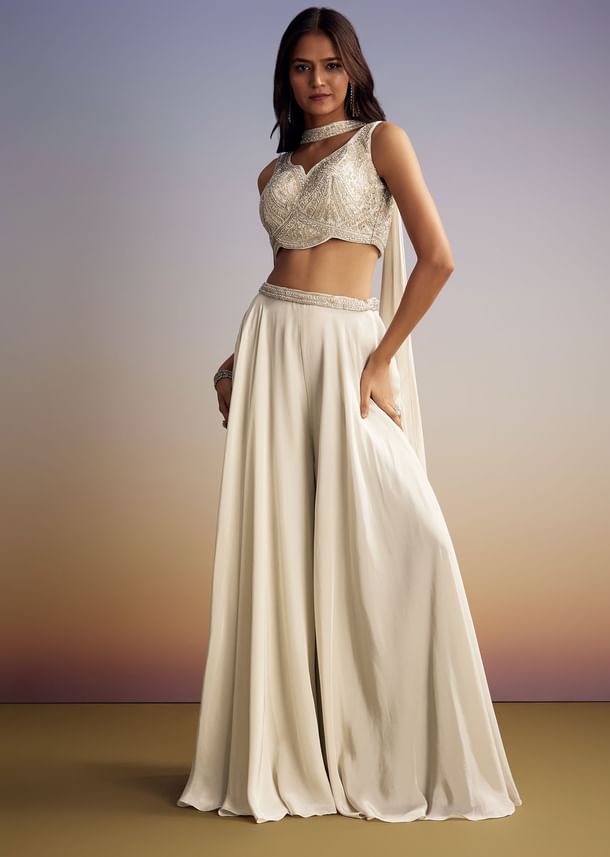 White Crepe Crop Top Set With Sequins Work And Dupatta
