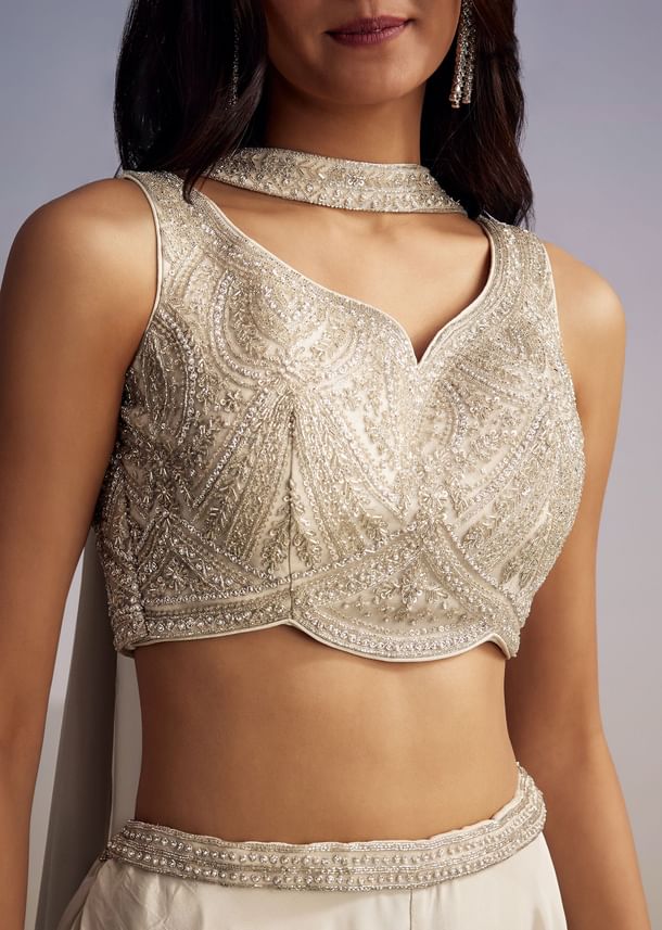 White Crepe Crop Top Set With Sequins Work And Dupatta