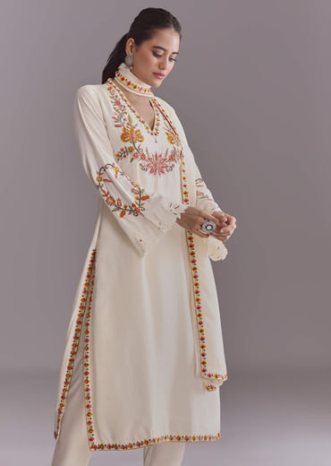 White Crepe Kurta Set With Multicolour Resham Work