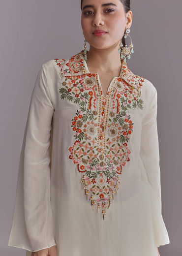 White Crepe Palazzo Suit With Thread And Resham Work