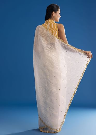 White Crepe Silk Saree With Mirror Scallop Contrast Border And Yellow Blouse