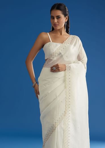 White Crepe Tissue Saree With Moti Beads And Cutdana Embroidery