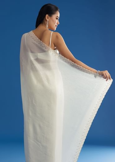 White Crepe Tissue Saree With Moti Beads And Cutdana Embroidery