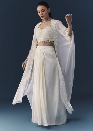 White Crop Top Draed Skirt Set with Cape