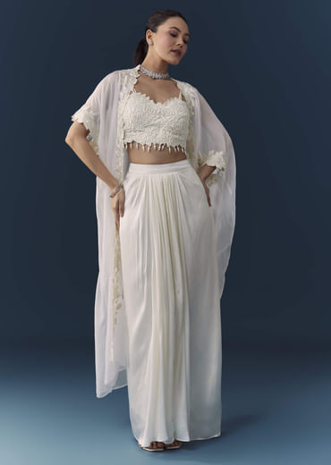White Crop Top Draed Skirt Set with Cape