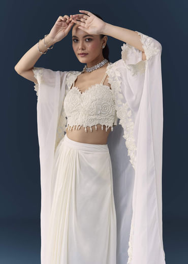 White Crop Top Draed Skirt Set with Cape