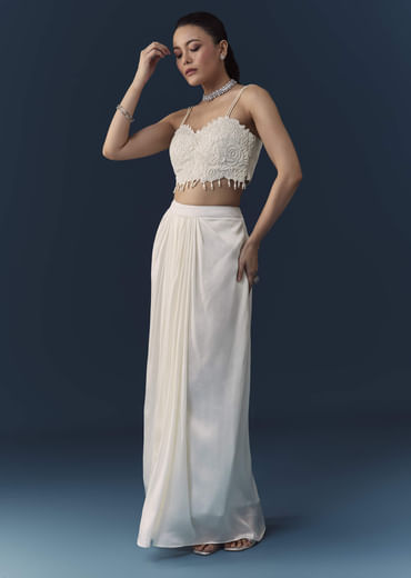 White Crop Top Draed Skirt Set with Cape